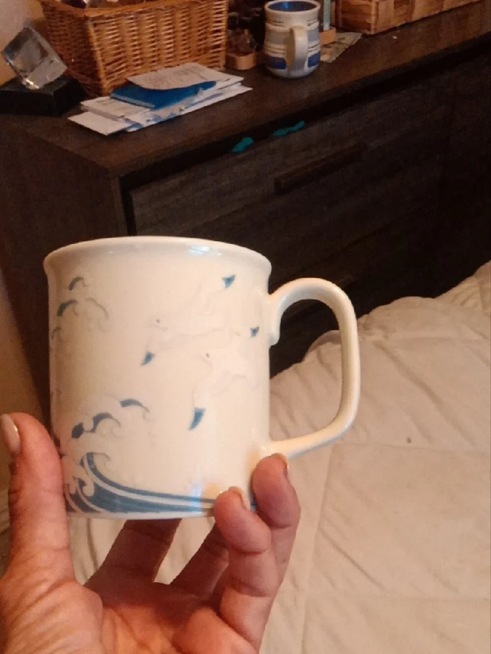 White Ceramic Mug with Blue Wave Design
